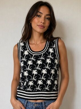 Vintage 1970’s Knit Palm Tree Sweater Vest , Retro Boho Size M